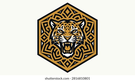 Fierce tiger head with intricate geometric patterns in a hexagonal design, showcasing artistry
