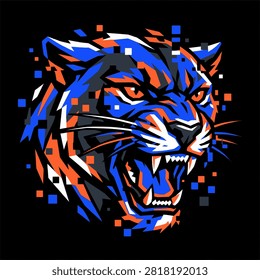 A fierce tiger head rendered in vibrant digital pixel art style