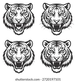 Fierce tiger head set, roaring with open mouth and sharp teeth, aggressive and powerful, tribal tattoo style.