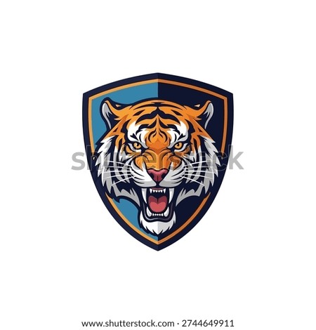 A fierce tiger head with vibrant orange stripes and menacing expression inside a shield