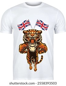 Fierce tiger illustration with crossed UK flags, perfect for patriotic and wildlife-themed T-shirts.