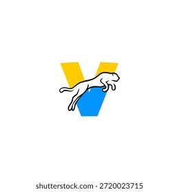 Stark springender Tiger Buchstabe V Logo. Perfekt für wettbewerbsfähige Teams, extreme Marken und leistungsstarke Logo-Visuals