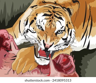 Fierce tiger roaring with its mouth open and trying to tear off meat