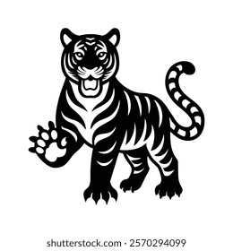 Fierce tiger silhouette with extended paws action design