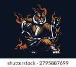 Fierce tiger warrior in kung fu pose with dynamic flames and traditional martial arts style. Vector illustration isolated on dark background.