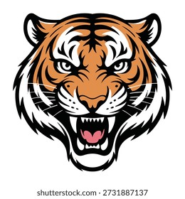 Cabeza de tigre feroz con dientes desnudos y ojos intensos, representada en un estilo de arte gráfico estilizado.