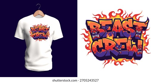 Um design de camiseta feroz mostrando a frase "Beast Crew" com contornos ardentes, roaring monstro faces, letras de estilo graffiti arrojadas e formas de chama intensas. Os ângulos agudos, paleta dramática