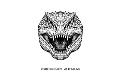 Fierce tyrannosaurus rex head illustration showing sharp teeth and intense gaze with detailed scales and textural elements perfect for mesozoic era enthusiasts