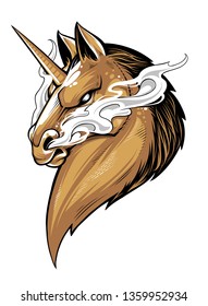 Fierce unicorn with smoke comes from nostrils. Vector mascot.