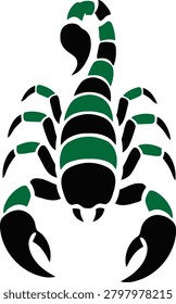 Fierce vector scorpion icon in bold black and emerald green with a raised stinger and spread pincers. The tribal,