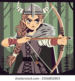 Fierce Viking Archer Girl with Braided Hair and Bow in Flat Style