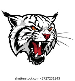 Cabeça de lince branco feroz rugido com olhos alaranjados intensos e dentes encalhados