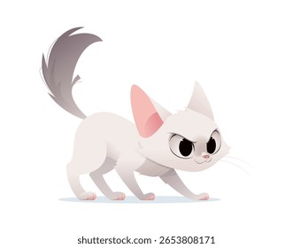 Fierce white cartoon cat with raised tail and narrowed eyes in a crouched attack stance. Expressive and energetic character on a white background. Great for emotions and animal designs