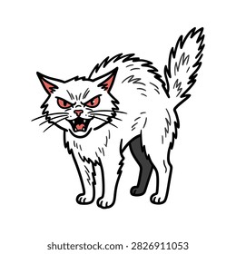 A fierce white cat hisses aggressively with arched back