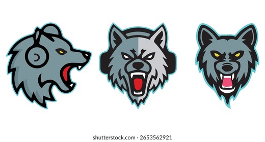 Fierce Wolf Gamer Mascot Logo Set Angry Wolf Head with Headphones Vector for eSports Teams Gaming Channels and Streamer Brand Identity