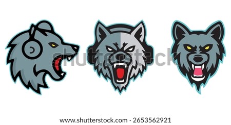 Fierce Wolf Gamer Mascot Logo Set Angry Wolf Head with Headphones Vector for eSports Teams Gaming Channels and Streamer Brand Identity