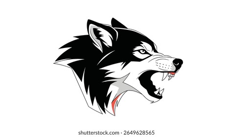 Fierce wolf head emblem with aggressive snarl and dark fur details captured in a striking profile illustration