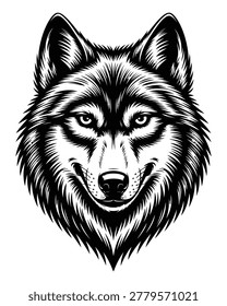Fierce Wolf Head Featuring Intricate Woodcut Engraving Style In Stark Black And White Contrast