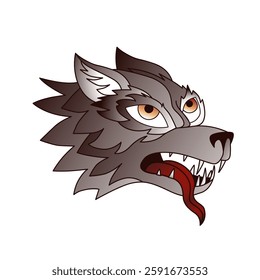 Fierce Wolf Head Illustration with Sharp Fangs and Red Tongue in Aggressive Expression Vector Animal Mascot Design for Logos, Emblems, and Tattoos