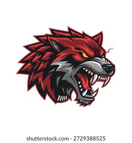 Ilustración de logotipo de cabeza de lobo feroz, Diseño gráfico para Equipos deportivos, Colores rojos y negros audaces, estilo visual dinámico