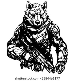 Fierce Wolf Illustration in Military Gear: Aggressive Predator Design for Stickers and Tattoos