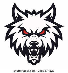 Fierce Wolf Mascot Logo with Red Eyes – Vector Illustration. Bold and aggressive wolf mascot logo featuring a snarling expression, sharp fangs, and piercing red eyes. 