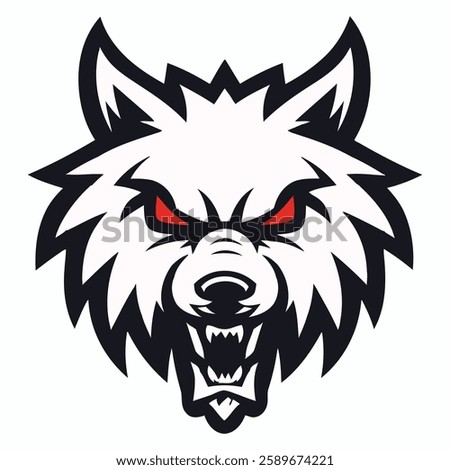 Fierce Wolf Mascot Logo with Red Eyes – Vector Illustration. Bold and aggressive wolf mascot logo featuring a snarling expression, sharp fangs, and piercing red eyes. 