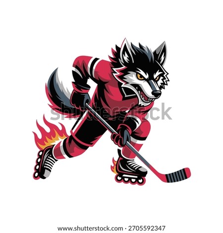Fierce Wolf Mascot Playing Roller Hockey with Flaming Skates - Sports Vector Illustration