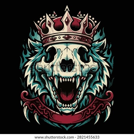 A fierce wolf skull wearing a royal golden crown illustration