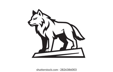 Fierce Wolf Standing Vector Illustration Black and White.