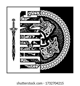 Fierce wolf symbol of a Viking. Totemic animal of Celts. Traditional circular pattern. Poster in Nordic style. Illustration of Scandinavian myths for t shirt print. Triskelion. Triskele.