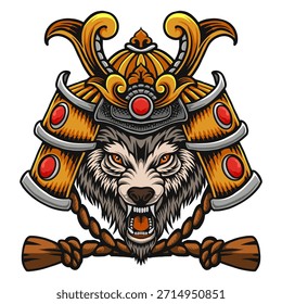 Fierce Wolf Warrior in Golden Samurai Helmet