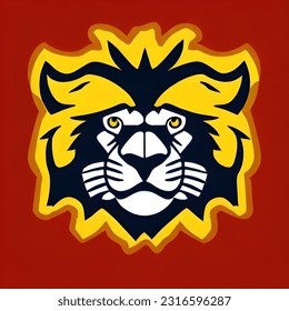 fierce yellow hair lion logo, big ears brave lion, yellow background