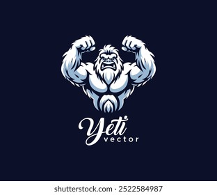 Fierce yeti illustration with raised fists, showcasing strength and power. Logo, vector, emblem, label, badge. template