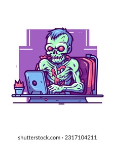 Fierce zombie conquers the digital realm. Intricate hand-drawn logo illustration with a mix of horror and technology