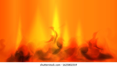 Fiery abstract background. Flame or hearth. Black smoke. Vector stock illustration. Realistic fire. Fireplace. Copy space.