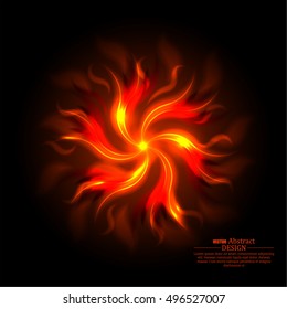 Fiery abstract background. The turning tongues of flame on a black substrate. A revolving object from fire clots. Wall-paper on a desktop. Vector illustration.