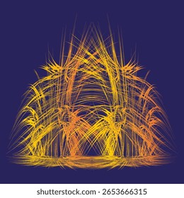 Fiery arch forms. Yellow orange spikes. Vibrant abstract Vector. Navy blue backdrop. EPS 10.