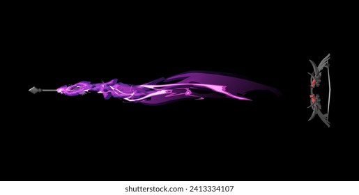 Flagrante flecha volando de un arco y un brillante rastro desde él, elemento brillante para el diseño de juegos, ilustración vectorial aislada en negro. Un arma mágica colorida. Objeto de dibujos animados para la aplicación, ui e interfaz de juego