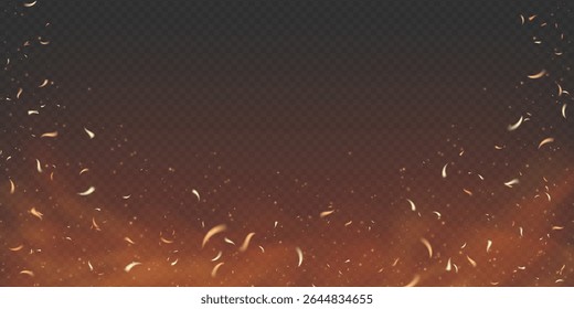Fiery background with flying sparks and glowing embers. Dark smoky atmosphere with burning wood and glowing particles. Dramatic powerful apocalyptic vector design. Realistic and intense.
