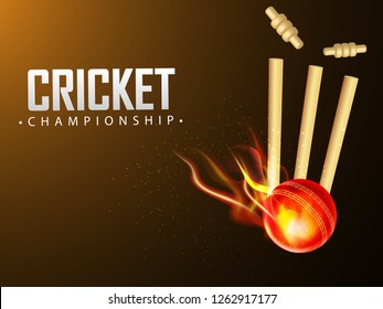 Fiery ball hit the wicket stumps on glossy brown background for cricket championship league.