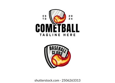 fiery baseball like a comet or meteor with an iron shield logo design collection with modern, label and emblem style for baseball sport club, tournament, t-shirt and merchandise designs 