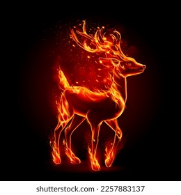 Fiery Black Silhouette Deer with Sparks. Concept Image with Realistic Fire Flames Effect on Black Background for Creative Designs