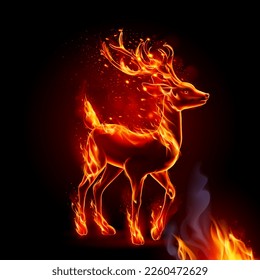 Fiery Black Silhouette Deer with Sparks. Concept-Image with Realistic Fire Flames Effect on Black Background for Creative Designs