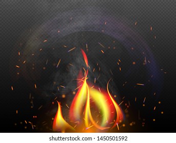 Fiery bonfire with blue smoke and luminous sparks on a dark transparent background.
