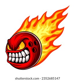 Fiery bowling ball with angry face vector illustration. Bowling ball in flames for t-shirt design, sport team logo, mascot, poster, emblem, and patch