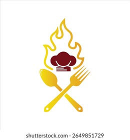 Fiery chef hat logo with golden spoon and fork crossed under flame outline