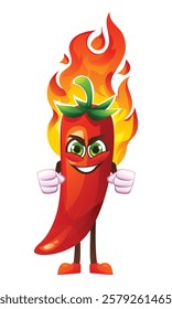 Fiery chili pepper character with flames and mischievous grin. Vector cartoon illustration