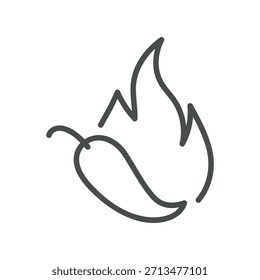 Icono de pimiento picante. Ilustración de línea delgada de una vaina de chile con una llama Grande, que simboliza el calor extremo, la ardiente especia del infierno y la audaz cocina ardiente. Signo de Vector de contorno aislado.