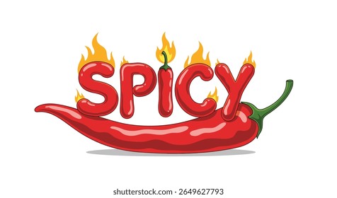 Ilustração de pimenta de pimenta com tipografia picante e chamas captando calor intenso e sabor